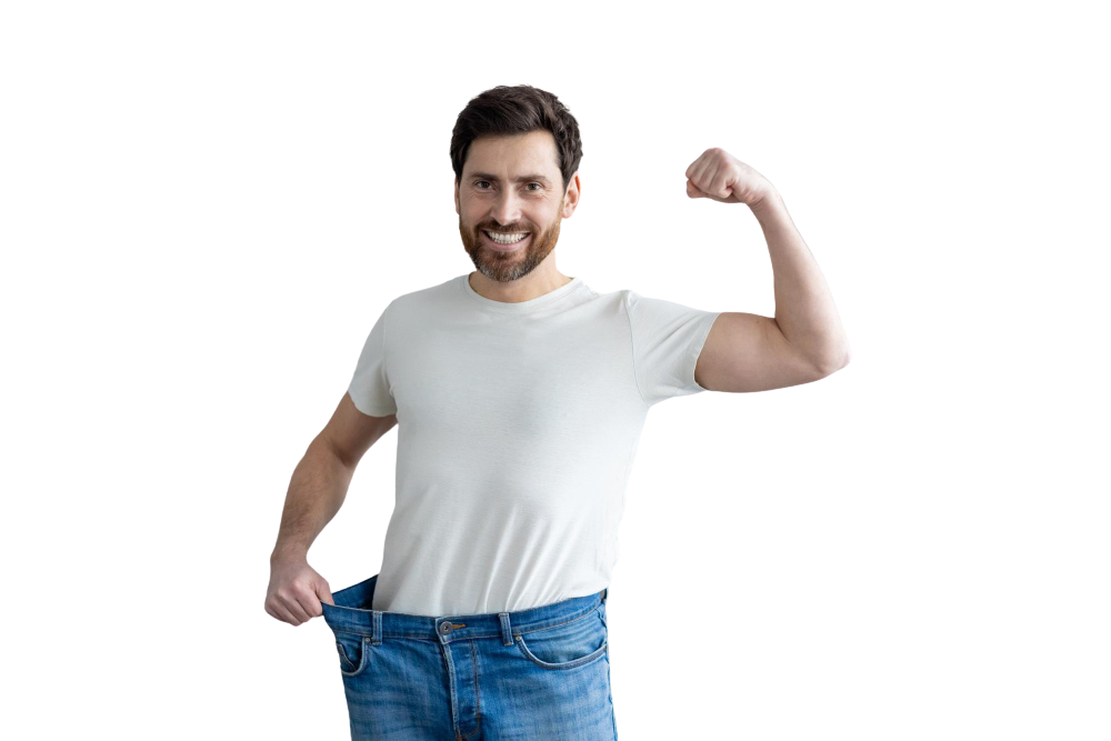 Person celebrating progress during a private weight loss programme